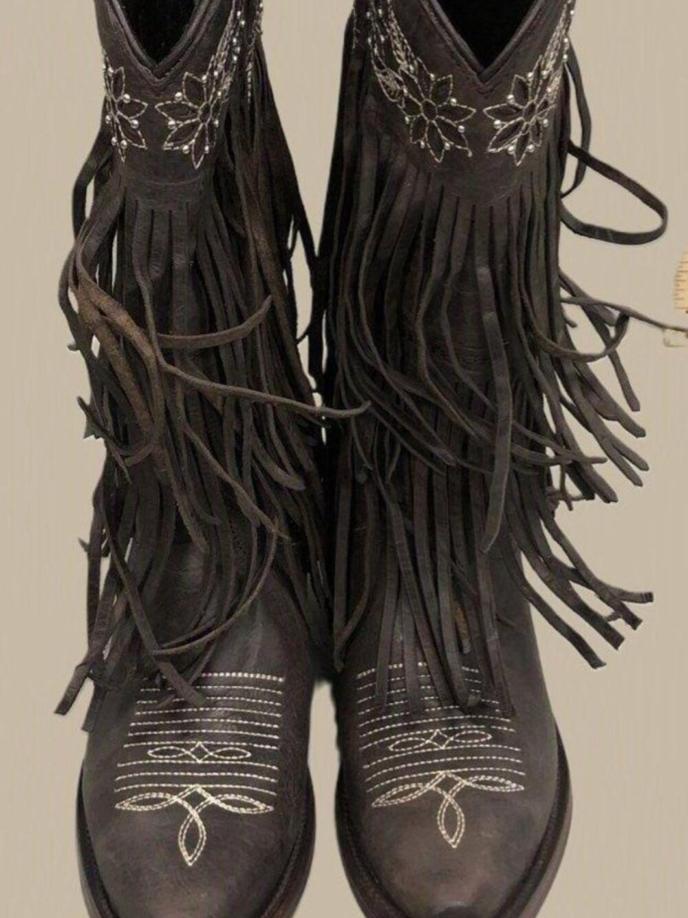 Rock'em Floral Embroidered Fringe Leather Western Cowboy Boots in Brown